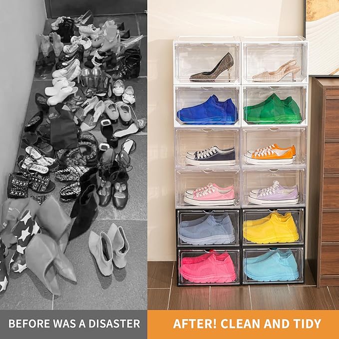 12 Pack White Shoe Boxes Stackable,Large Shoe Storage Organizer with Magnetic Door,Drop Side Shoe Containers for Entryway,Sneaker Storage Fit up to US Size 12 for Men/Women(13’’x10.62”x8.26”