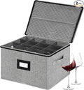 homyfort Wine Glass Storage Box, China Storage Containers with Dividers, Stemware Storage Case Holds 12 Wine Glass or long stem Crystal Glassware with Handles, Hard Shell and Stackable (Grey)