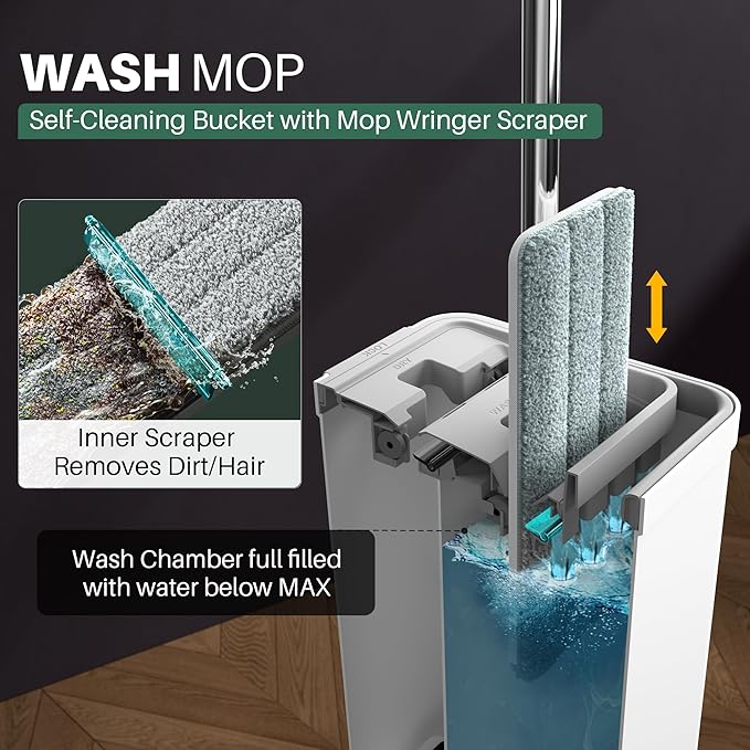JOYMOOP Mop and Bucket Set with Wringer, Flat Mops for Floor Cleaning, Wall Mop Cleaner with Long Handle, Hardwood Floor Mop with 6 Microfiber Pads