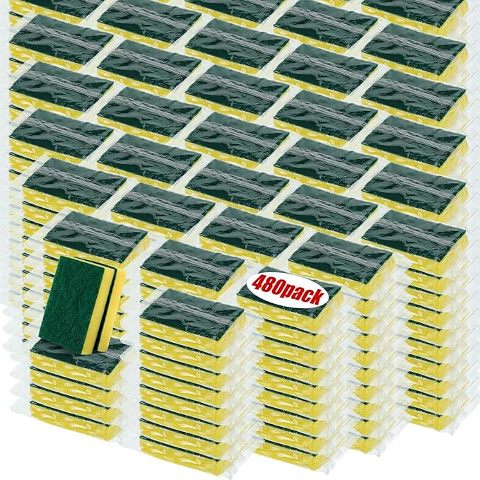 Tanlade 480 Pcs Bulk Kitchen Dishwashing Sponges Individually Wrapped Non Scratch Scouring Sponges for Dishes Household Cleaning Travel Apartments Hotel Car