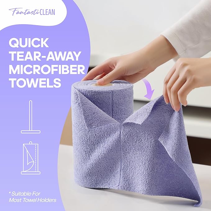 Fantasticlean Microfiber Cleaning Cloth Roll 4 Rolls 240 Pack, Tear Away Paperless Towels, 8" x 8", Reusable Washable Rags, Home Kitchen, Pet, Office, Indoor Outdoor, Portable (2Pink 2Light-Purple)