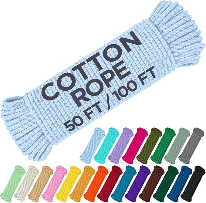 TECEUM Cotton Rope 3/16” (5 mm) – 50 FT – Strong All-Purpose Braided Rope – Natural Cotton – for Crafting, Сamping, Clothes Line, DIY, Indoor & Outdoor Use – Baby Blue