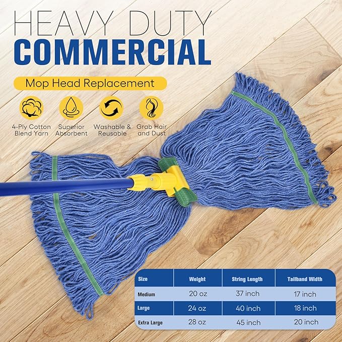 Matthew Cleaning Commercial Mop Head Replacement, 5 Inch Wide Headband, Looped End Cotton Blend String Wet Mops for Floor Cleaning, 18 oz Medium, 6-Pack Blue