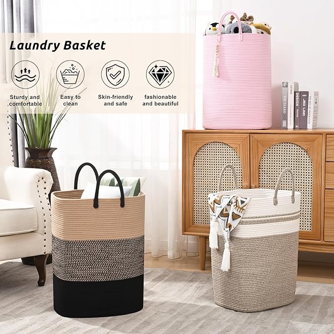 Woven Laundry Basket for Clothes, 65L Large Rectangle Laundry Hampers, Nursery Storage Basket for Toys, Tall Dirty Clothes Hamper for Bedroom Aesthetic, Bathroom, Laundry Room