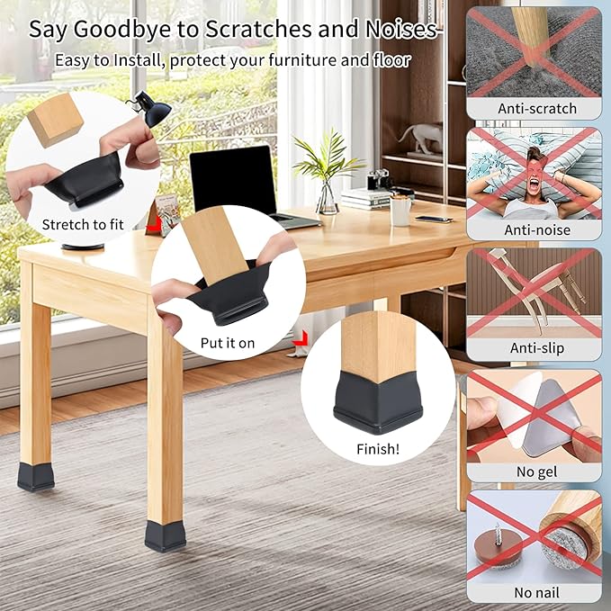 Ezprotekt 8 Pcs Large Chair Leg Sliders for Carpet, Square Black Teflon Furniture Glides Pads Caps for Rug, Bar Stool Leg Protectors Covers for Table, Chair, Sofa Legs (XL Fit: 1.5" - 2")