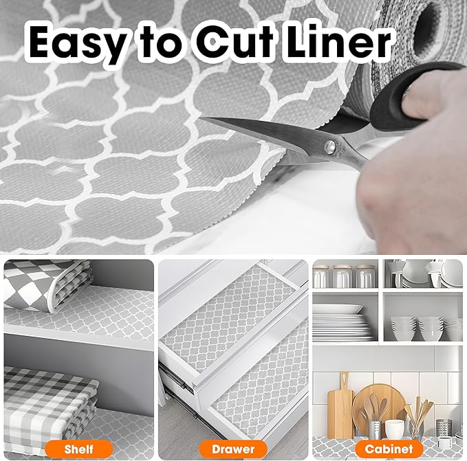 Drawer and Shelf Liner for Kitchen Cabinets Non-Adhesive, Non-Slip Cabinet Liner Shelf Paper Strong Grip Waterproof Easy to Clean for Kitchen Shelves Cupboard, Gray Lantern,17.5IN X 10FT
