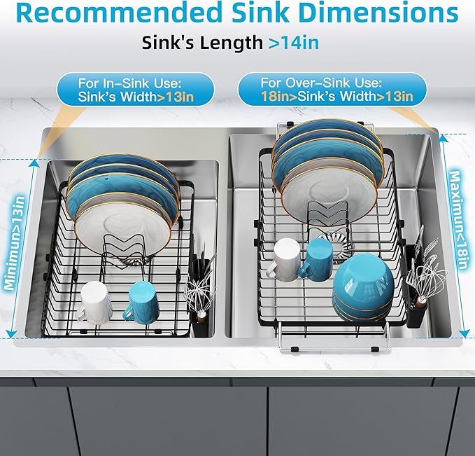 romision Expandable Dish Drying Rack Over The Sink Small Metal Stainless Steel Plate Holder for Compact Kitchen, Space Saving Modern Black Hanging Drainer