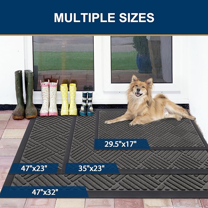 Smiry Front Door Mat Outside Entrance, Heavy Duty Outdoor Indoor Natural Rubber Doormat, Non Slip, Trap Dirt and Moisture, Easy Clean, Low Profile Patio Porch Entryway Mat, 29.5x17, Grey