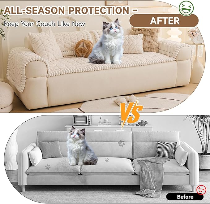 OTOB Pet Couch Covers for 3 Cushion Couch Sofa, Washable & Non Slip Fuzzy Plush Sofa Cushion Covers, All Seasons Geometric Jacquard Modern Soft Dog Bed Mat Slipcovers Protector (White, 27.6"x70.9")