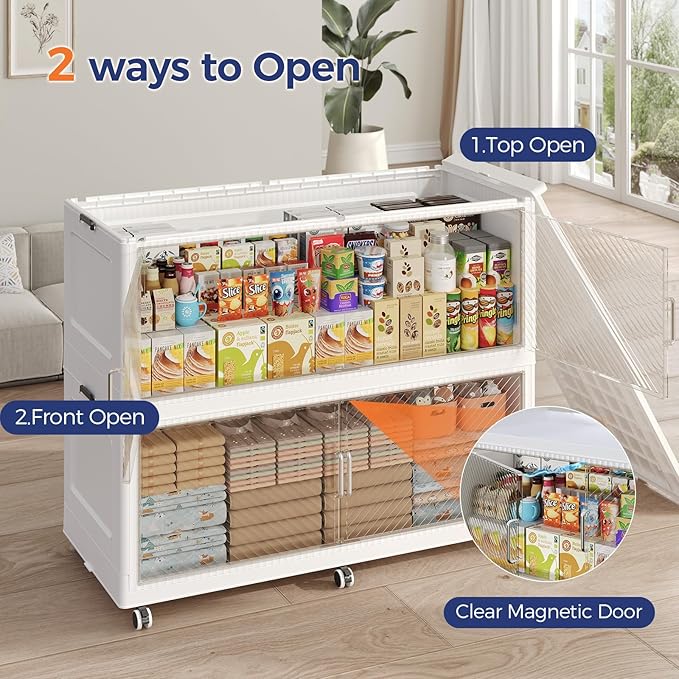 320GAL Extra Large Storage Bins with Lid, 1280QT Collapsible Organizer with Wheels, Stackable Closet Cabinet with Doors, Folding Storage Containers for Home, Office, Dorm, 4Pack White