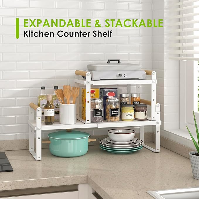 DOLALIKE Expandable kitchen Countertop Organizer, Stackable Cabinet Shelf Organizers, Space Saving Spice Rack Pantry Storage for Bathroom Office Organization (6.9''D*13-19.7''W*7.9''H, White)