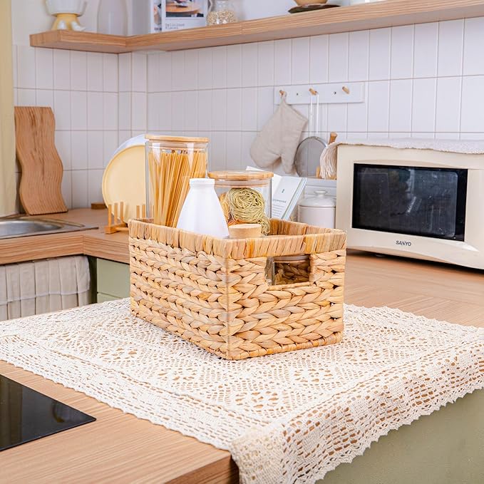 Set of 3 Wicker Storage Baskets for Shelves, Water Hyacinth Storage Baskets, Wicker Baskets for Storage, Kitchen Organizers and Storage Pantry (Set 3 SML)