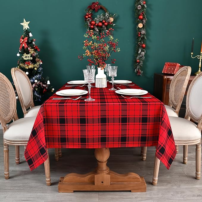 Red Gingham Christmas Plaid Tablecloth - Rectangular 58x102 Inch Water Resistant Table Cloth for Indoor/Outdoor Use - Holiday Table Cover for Kitchen, Picnics, and Parties