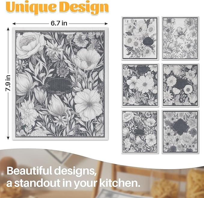 JOYMOOP 12 Pack Decorate Cleaning Cloth (Black White of Decorative Series), Reusable Absorbent Dish Towels, Non-Scratch Washable Rags for Cookware, Kitchen and Household Cleaning - 6.7×7.9 inch