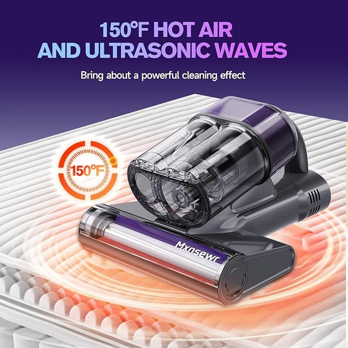 Mattress Vacuum Cleaner, 18Kpa Handheld Bed Vacuum Cleaner with 253.7nm UV-C Light, HEPA Filter & Ultrasoni, 150℉ Heat, Smart Dual Cup, and One-Click ash Removal for Bed, Sofa(Gray)