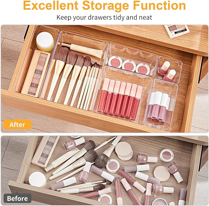 SMARTAKE 13-Piece Drawer Organizers with Non-Slip Silicone Pads, 5-Size Desk Bathroom Drawer Organizer Trays Storage Tray for Makeup, Jewelries, Utensils in Bedroom Dresser, Office and Kitchen, Clear
