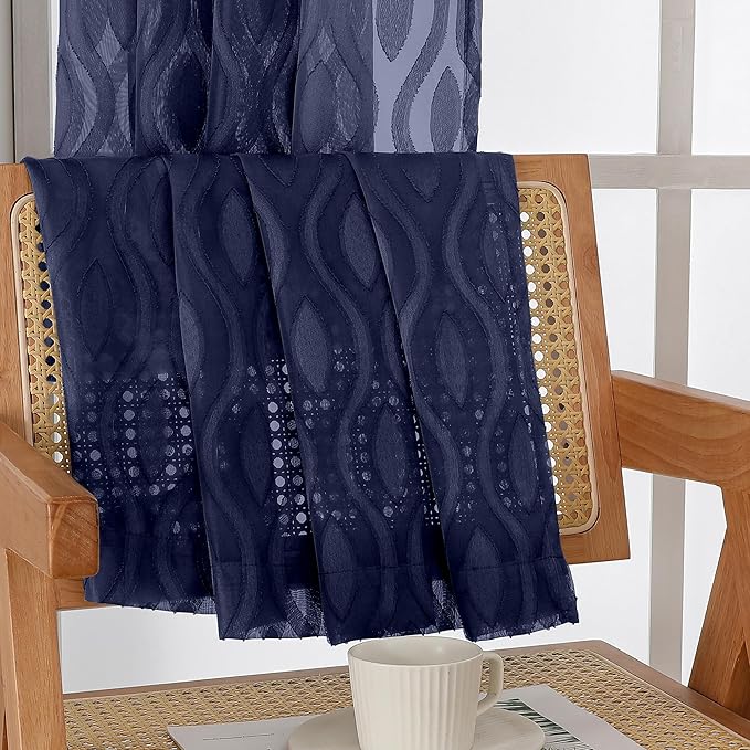 Aiyufeng Navy Blue Sheer Curtains Tiers 36 Inch Length, Light Filtering Soft Airy Wavy Line Jacquard Textured Short Curtain for Bedroom Bathroom Basement, Dual Rod Pocket, 2 Panels, 40" Wx36 L Inch