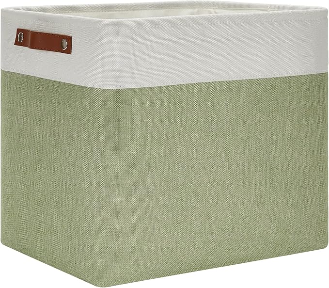 DULLEMELO Large Storage Basket 17"x12"x15", Fabric Storage Organizer Basket for Storage Clothes, Large Fabric Bin for Organizing Book, Storage Bin with Handles for Storage Toy (White&Green)