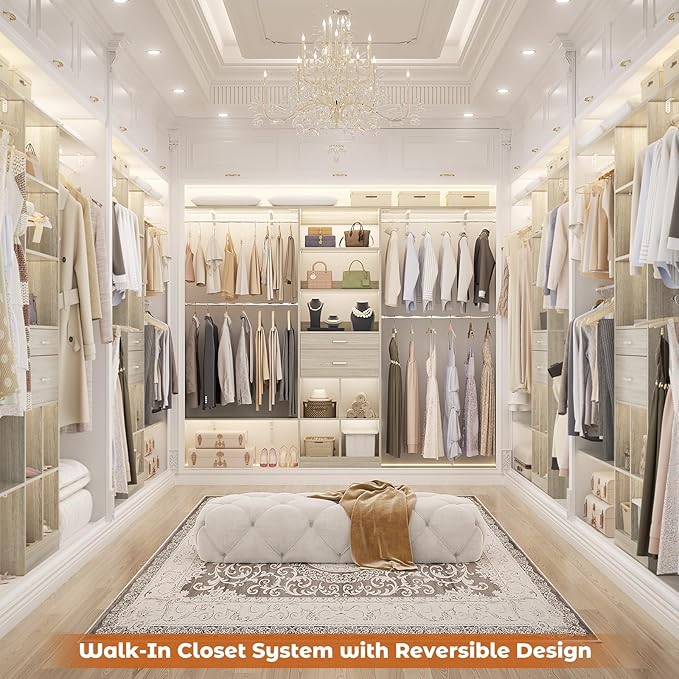 Closet System - 4.75-8FT Closet Organizer System with Wooden Drawers & Cube Storage Organizer, Up To 96" Closet Systems for Nursery & Walk-In Closets with Cuttable Hanging Shelving, Greige Oak