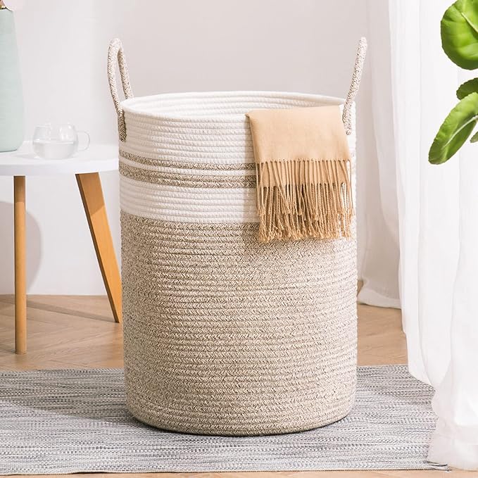 YOUDENOVA Woven Rope Laundry Hamper Basket, 58L Tall Laundry Basket for Blanket Organizer- Clothes Hamper for Bedroom Storage, Baby Kids Nursery Hamper-Large-Brown