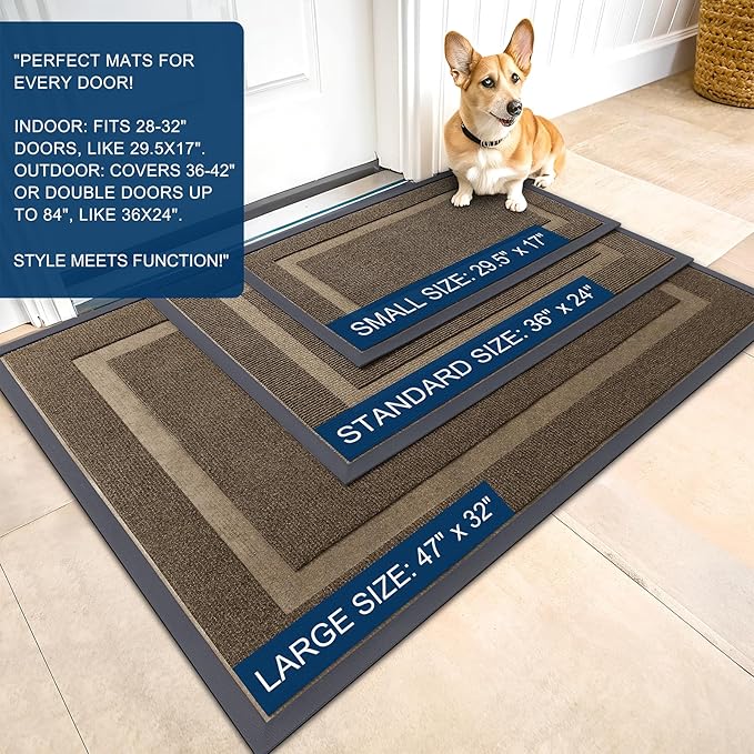 OLANLY Front Door Mat Indoor Outdoor Entrance, Waterproof All-Season, All-Weather Doormat, Sturdy Natural Rubber, Fade Resistant, Low Profile, Easy Clean Patio Porch Entryway Mat, 47x32, Brown