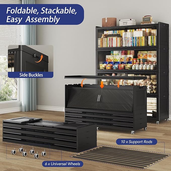 200 Gallon Extra Large Collapsible Storage Bin with Lid, 800QT Stackable Plastic Organizer with 6x Wheels, Foldable Drawer Cabinet for Closet, Living Room Office Dorm 4Pack, Black