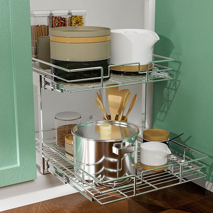 LOVMOR 2 Tier Individual Pull Out Cabinet Organizer 19½" W x 21½" D, Slide Out Kitchen Cabinet Storage Sliding Shelves