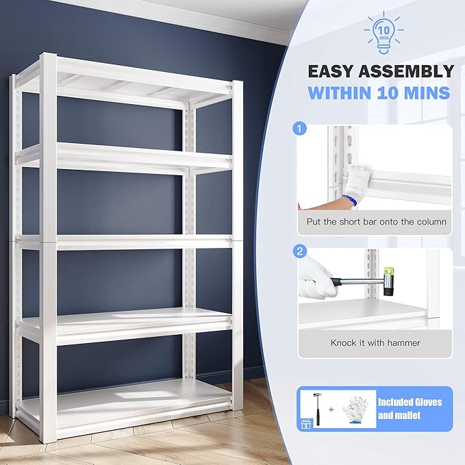 Raybee Garage Shelving Heavy Duty 2000LBS Storage Shelves Heavy Duty Shelving 5 Tier White Metal Shelves Pantry Shelf for Kitchen Closet Basement Warehouse 16.5" D x 32" W x 63" H