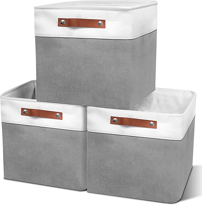 11in Open Fabric Storage Basket with Leather Handles for Organizing, Collapsible Linen Closet Bins for Shelves, Closets, Laundry, Decorative Basket for Gifts. (White＆Gray, 3PCS/11x11in)