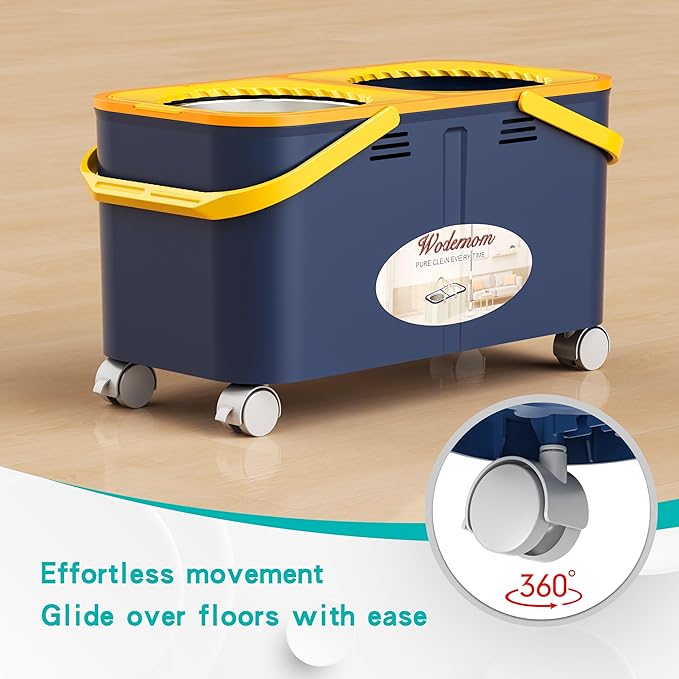Mop and Bucket with Wringer Set for Home, Spin Mop and Bucket Separate Clean and Dirty Water, Mops for Floor Cleaning with 360°Swivel Wheels & 1 Reusable Microfiber Mop Heads- Blue/Yellow