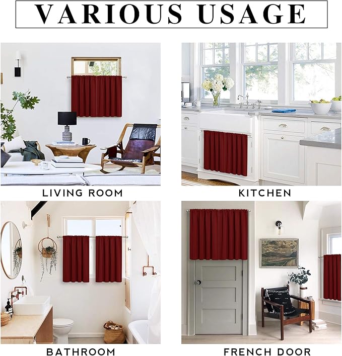 RYB HOME Short Curtains for Living Room Blackout Portable Blinds Shades for Bedroom Bathroom Basement Garage RV Camper Windows, 34 inches Width x 36 inches Length, Burgundy Red, 2 Pcs