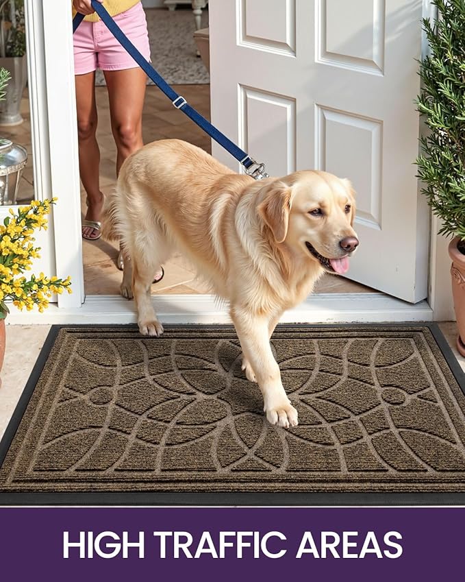DEXI Front Door Mat Outside Entrance, Heavy Duty Non Slip Low Profile Doormat for Entryway, Trap Dirt and Moisture Welcome Mats, Easy Clean, Patio, Garage, 17x29, Brown