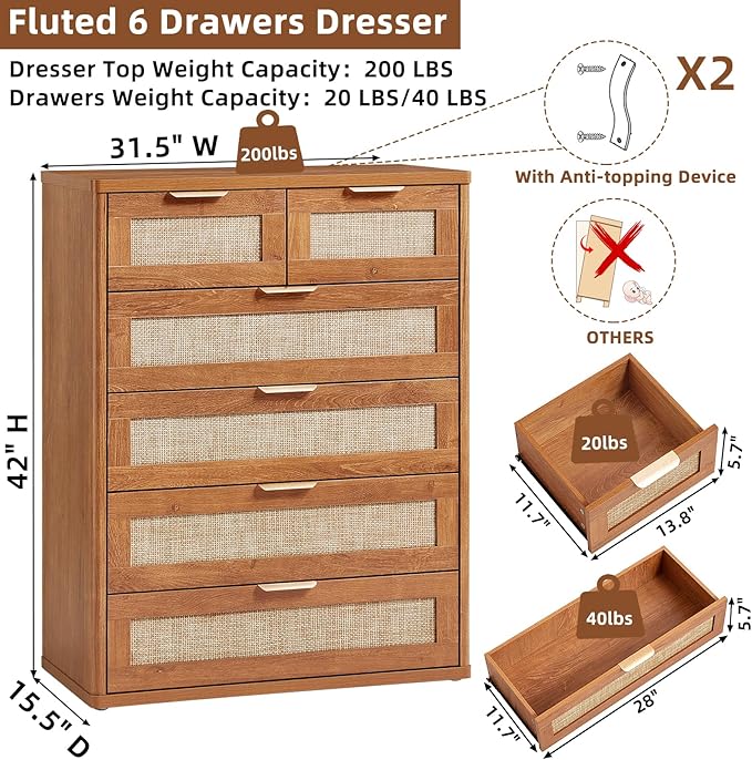LEYAOYAO Rattan Dresser for Bedroom, 42" Tall Chest of Drawers, Modern 6 Drawers Boho Dressers with Storage, Vintage Brown Dresser Wooden Closet Organizer for Living Room, Hallway