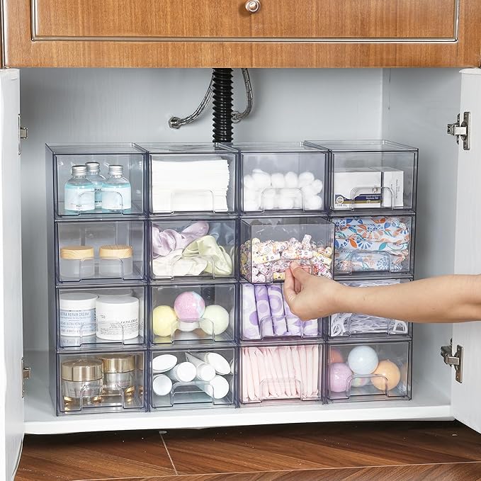Vtopmart 12 Pack Clear Small Stackable Storage Drawers,Acrylic Bathroom Makeup Organizer,Plastic Storage Bins For Vanity, Undersink, Kitchen Cabinets, Pantry, Home Organization