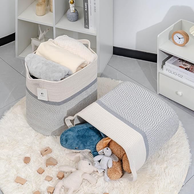 Storage Baskets for Clothes Fabric Cotton Rope Storage Basket with Handles, Decorative Woven Basket for Living Room,Closet Organizer Blankets, and 2bags (White/Gray, L14×W11×H14)