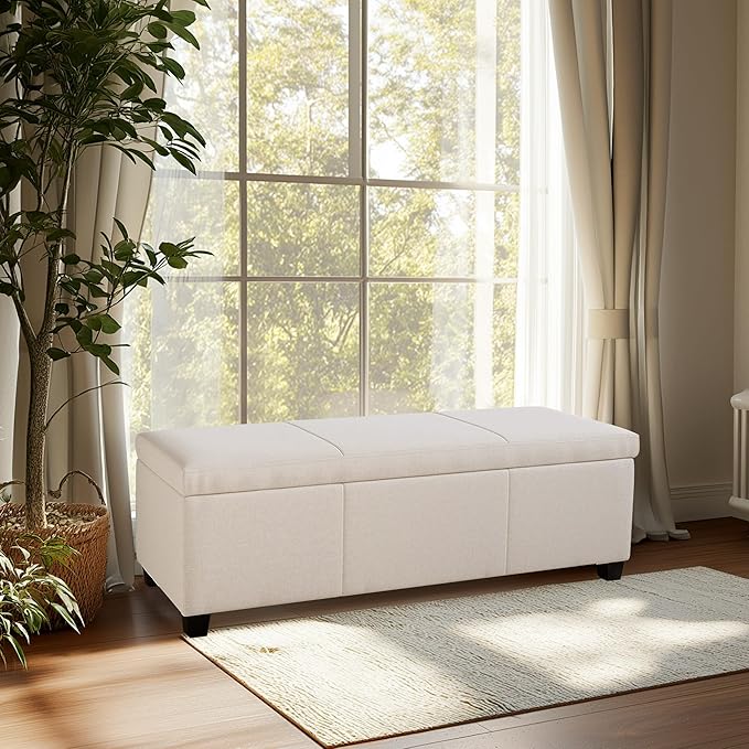 BELLEZE Storage Faux Leather Ottoman, 47 Inch Bench Bedroom Bench with Safety Close Hinge, Extra Long Ottoman with Storage for Living Room, Entryway, Hallway, Foot Rest, Support 300lbs - Beige
