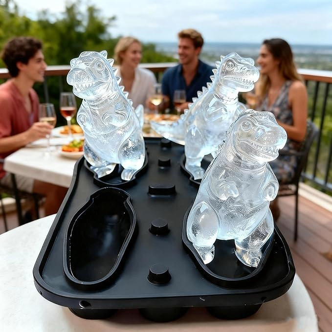 7.48inch Newly Upgraded 4-grid 3D Dinosaur Ice Tray and Covered Silicone Ice Tray, Suitable for Bars, Outdoor and Home Use(1, black)