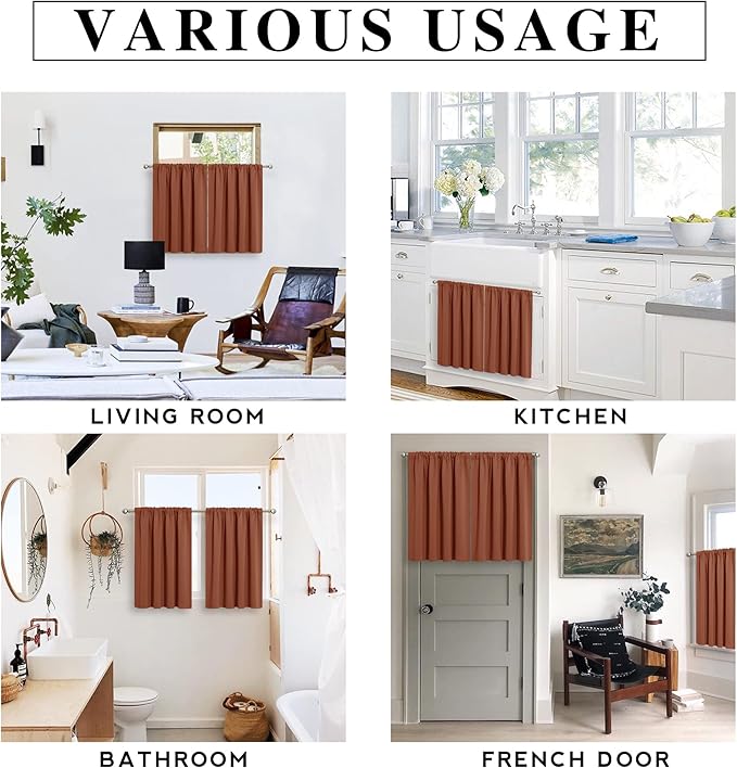 RYB HOME Small Curtains for Bathroom Windows, Blackout Blinds Shades for Bedroom Dorm Storage Cabinet Door Basement Farmhouse Decor, W 34 x L 36 inches, Burnt Orange, 2 Panels