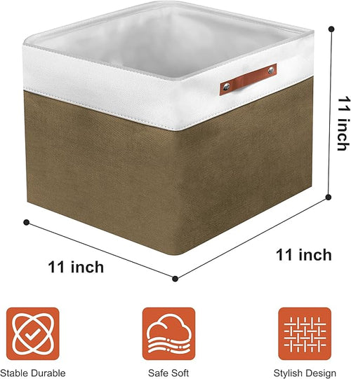11in Open Fabric Storage Basket with Leather Handles for Organizing, Collapsible Linen Closet Bins for Shelves, Closets, Laundry, Decorative Basket for Gifts. (White＆Brown, 2PCS/11x11in)