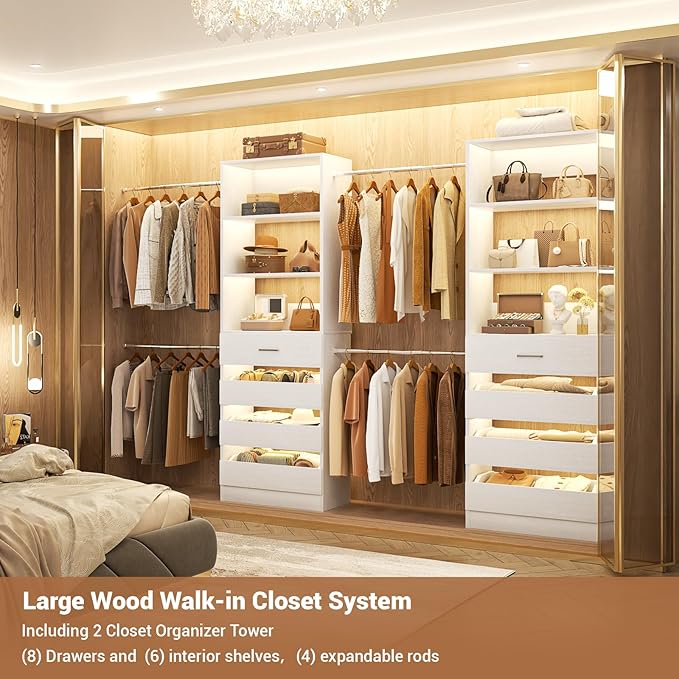 Aheaplus Closet System, 6-15Ft Closet Organizer with 8 Wooden Drawers, Wood Closet Organizer System with Tower, Walk-in Closet Organizer Wardrobe Clothes Rack with 4 Hanging Rods, Garment Rack, White