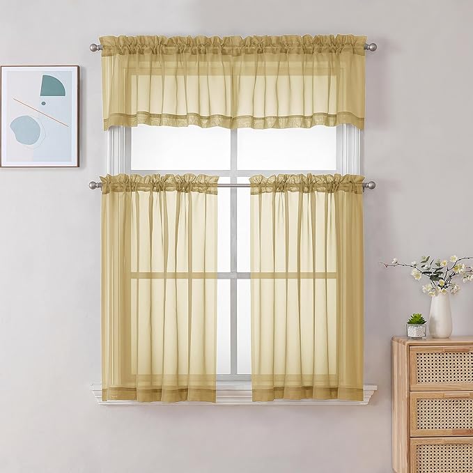 Chyhomenyc Sheer Valances for Windows 2 Pack, Small Window Curtains for Living Room Bathroom Cafe Laundry Basement, Modern Top Dual Rod Pocket Voile Curtain, 42W x 18L inches, Gold