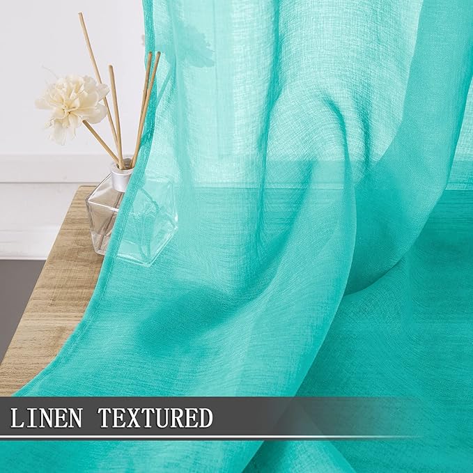 Tollpiz Sheer Curtains Linen Textured Bedroom Curtain Sheers Light Filtering Rod Pocket Voile Curtains for Living Room, 54 x 63 inches Long, Aqua Blue, Set of 2 Panels