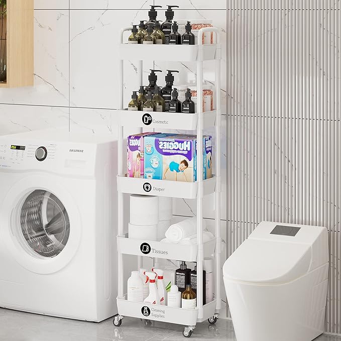 Laiensia 5-Tier Rolling Cart with Wheels,Multifunction Utility Storage carts, Kitchen Storage Organizer,Mobile Shelving Unit for Bathroom,Laundry,with Classified Stickers,White