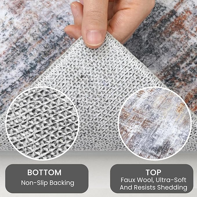 IOHOUZE Abstract Area Rugs 6x9 Ft Washable Rugs for Living Room, Non Slip Dining Room Rug, Printed Faux Wool Rugs for Bedroom, Floor Carpet for Office Nursery Playroom, Orange Grey