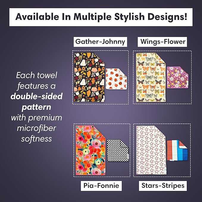 Microfiber Hand Towel & Washcloth Set of 2 - Double-Sided, Waffle Weave, Super Absorbent, Lint-Free, Fast Drying - Wings & Flower Farm Pattern for Bathroom, Kitchen, Car, and Window Cleaning