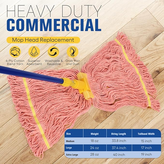 Matthew Cleaning Commercial Mop Head Replacement, 5 Inch Wide Headband, Looped End Cotton Blend String Wet Mops for Floor Cleaning, 24 oz Large, 3-Pack Orange