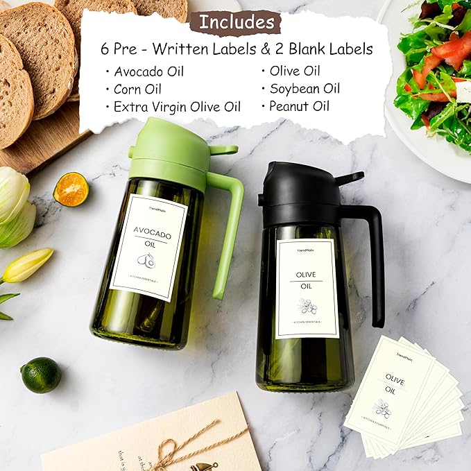 TrendPlain - Original 16oz/470ml Olive Oil Dispenser Bottle for Kitchen Gadgets and Air Fryer Accessories - Olive Oil Sprayer for Cooking w/Stickers - Black