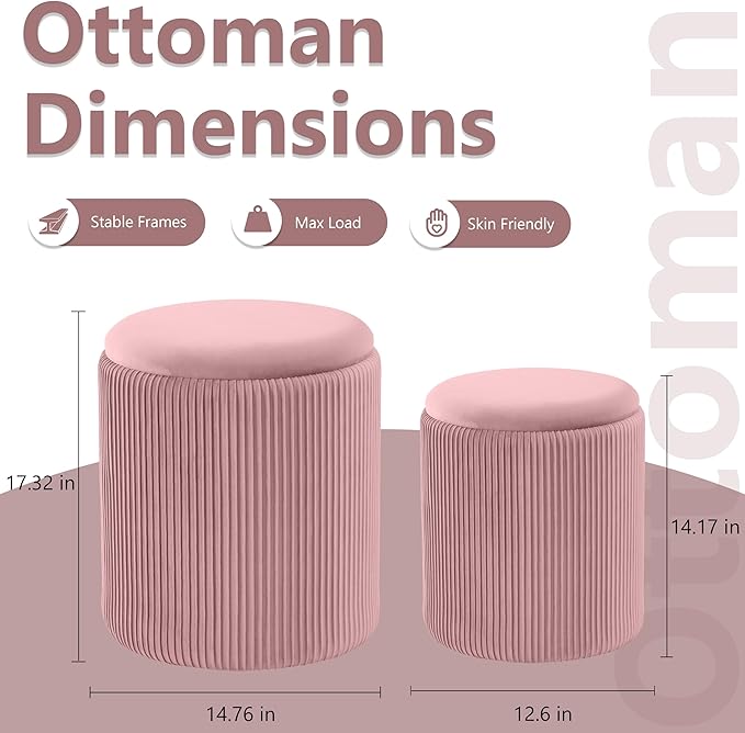 Round Ottoman with Storage Set of 2,Vanity Stool with Storage for Bedroom, Ottoman Coffee Table,Small Velvet Foot Stool for Living Room, Pink