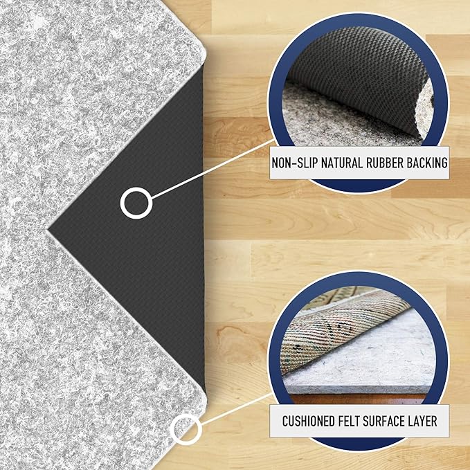 RUGPADUSA - Dual Surface - 3'x5' - 1/4" Thick - Felt + Rubber - Non-Slip Backing Rug Pad - Safe for All Floors