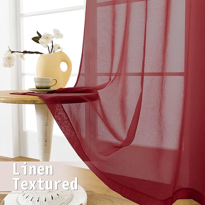 Tollpiz Sheer Door Curtain Closet Linen Textured Curtain Sheers Doorway Light Filtering Voile French Doors Rod Pocket Curtains Patio Glass Door, 25 x 80 inches Long, Burgundy Red, Set of 1 Panel